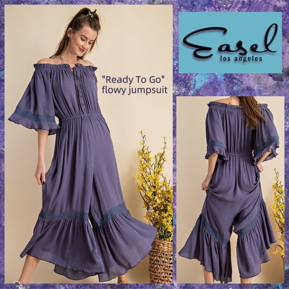 easel Pants & Jumpsuits Easel Ready To Go Wide Ruffled Leg Off Shoulder Flowy Jumpsuit Wlace